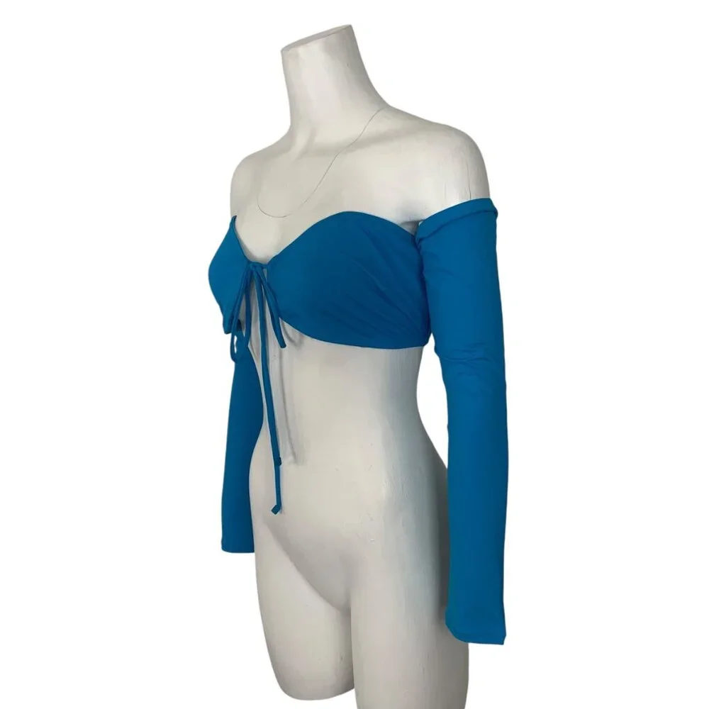 SKIMS Blue Off-Shoulder Long Sleeve Bikini Top